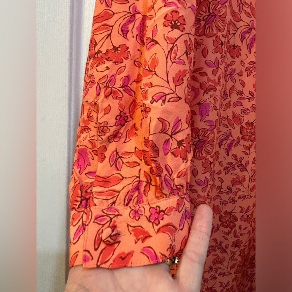 Vineyard Vines Silk Infused Floral Long Sleeve Dress Ruffle Shoulder Pintuck M - Picture 5 of 10
